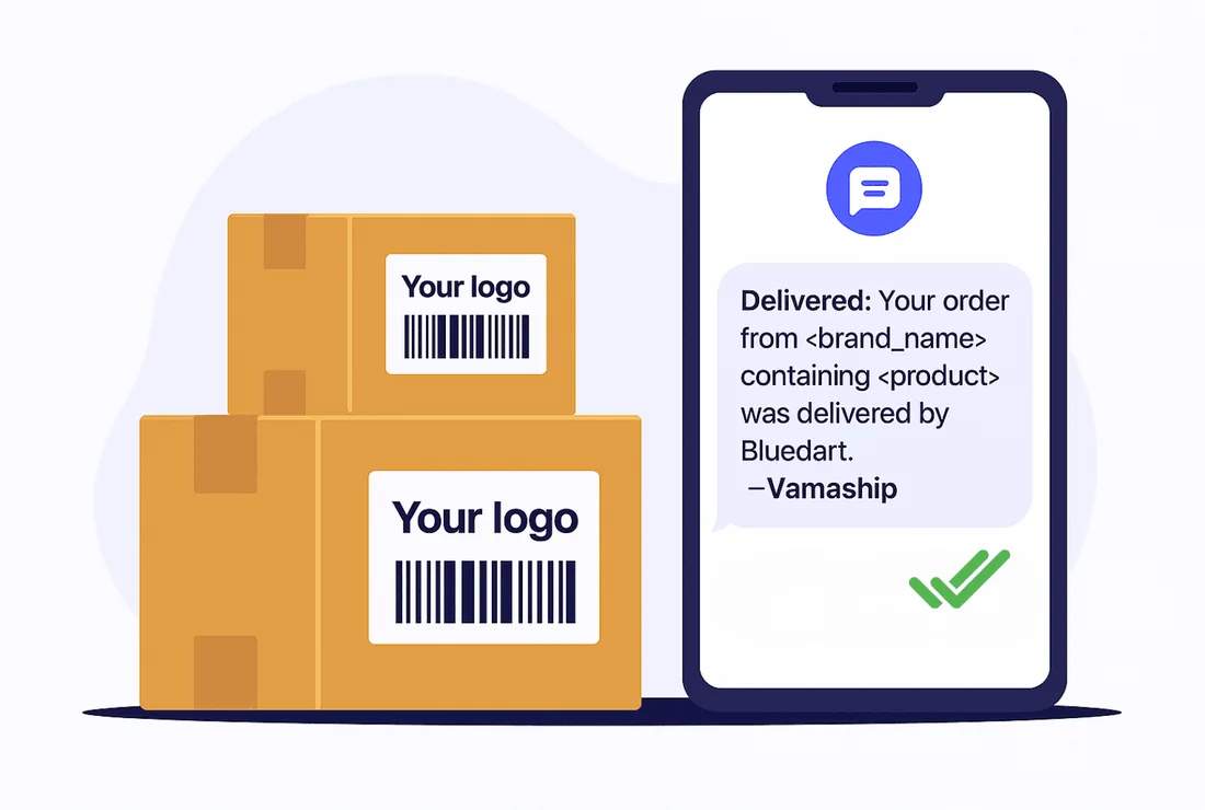Illustration of personalised tracking messages written in a seller's own brand tone arriving on a buyer's phone
